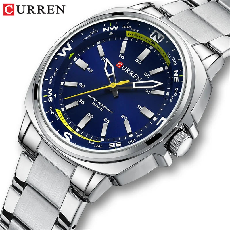 Relógio luxuoso Masculino CURREN ,Relógio de Quartzo com Pulseira de Aço Inoxidável com Luz Noturna e à Prova d'Água.