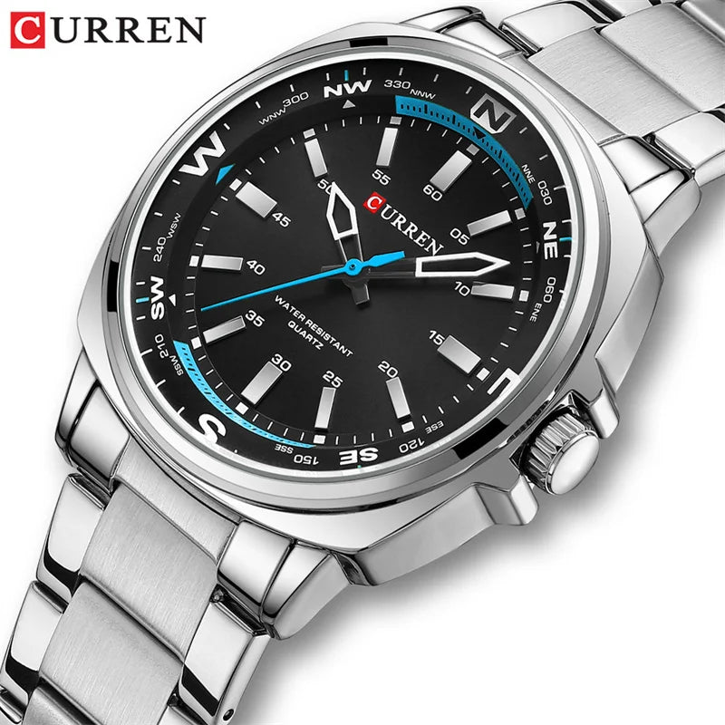 Relógio luxuoso Masculino CURREN ,Relógio de Quartzo com Pulseira de Aço Inoxidável com Luz Noturna e à Prova d'Água.